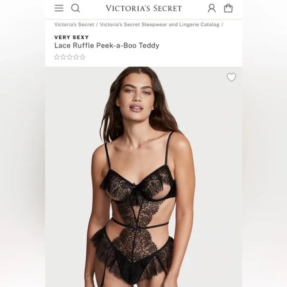 New! Victoria’s Secret Lace Ruffle Peek-a-Boo Teddy Black 45917 - Picture 4 of 15